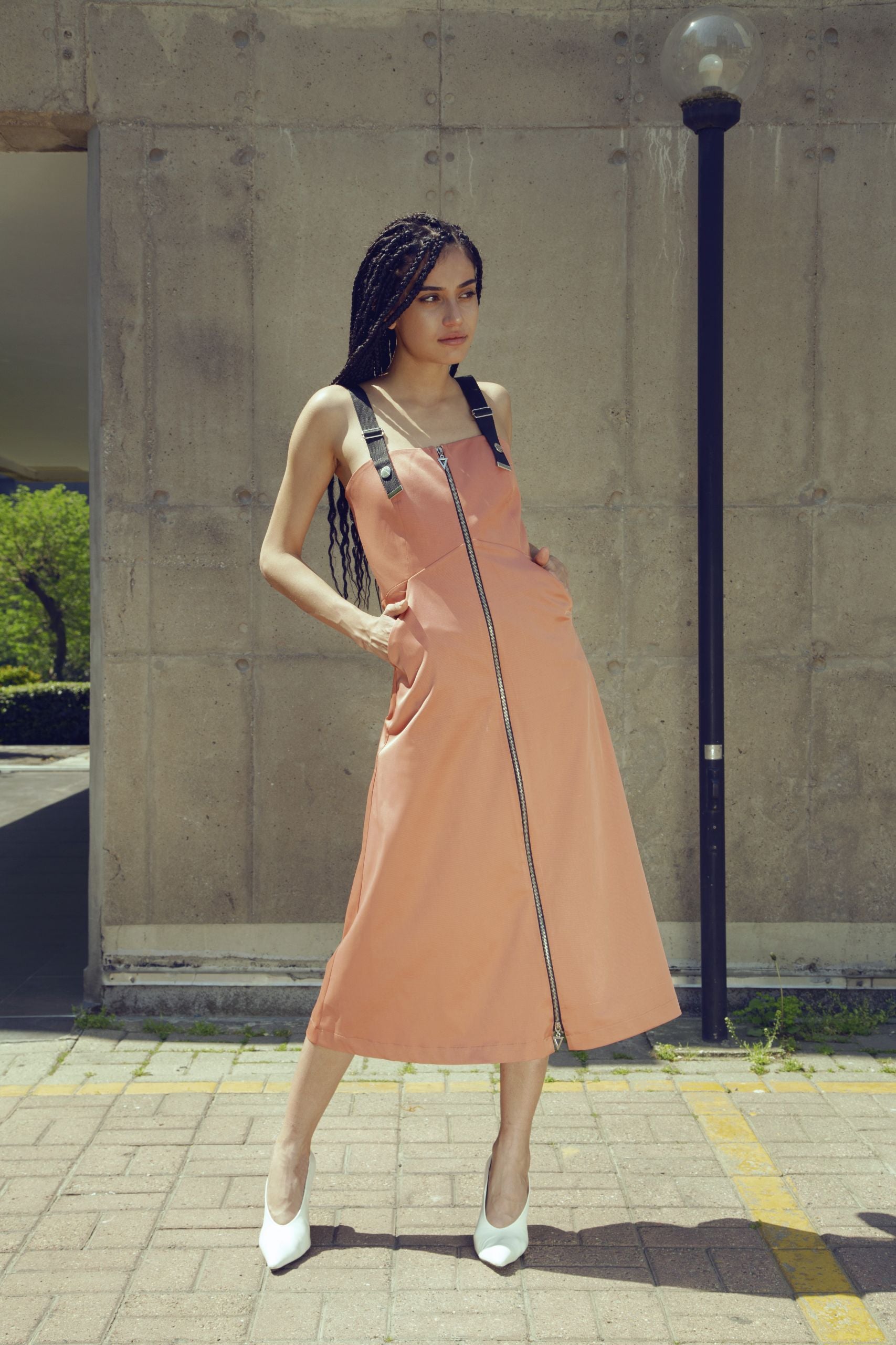 Ada Zipper Copper Midi Dress Mirimalist Ada Zipper Copper Midi Dress Mirimalist